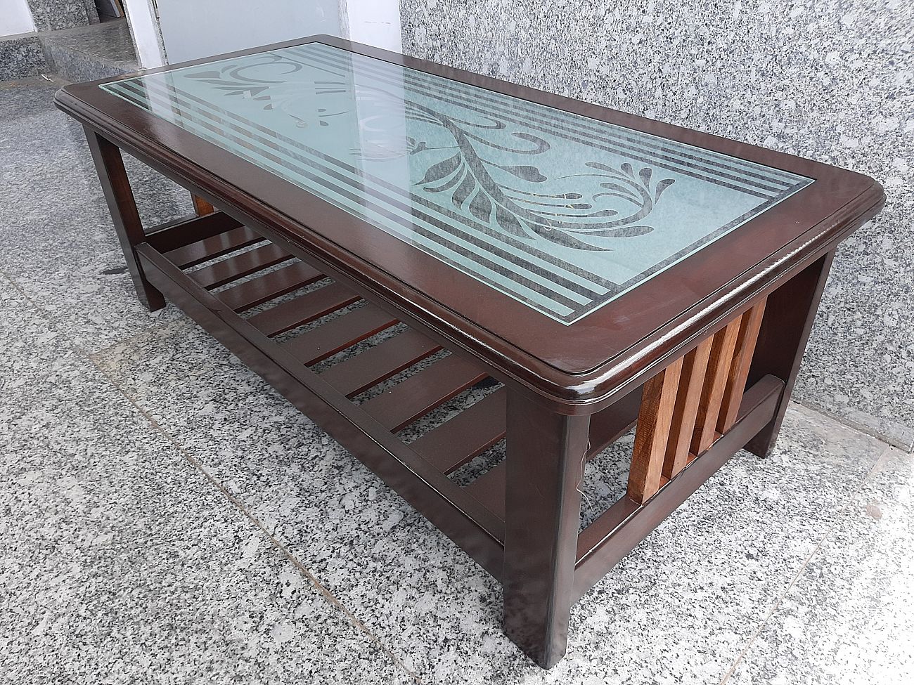 Center table teak wood with designer glass top